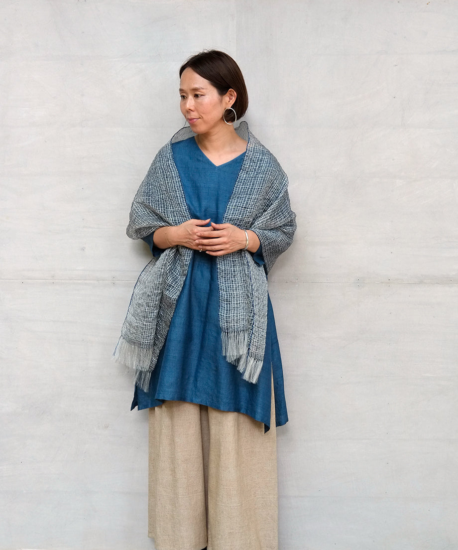 Stole | Random check, Blue, 1263BlDB – Maki Textile Studio