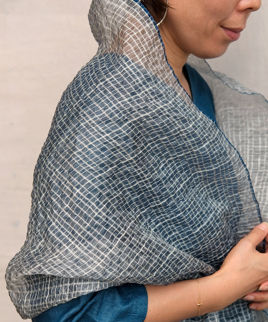 Stole | Random check, Blue, 1263BlDB – Maki Textile Studio