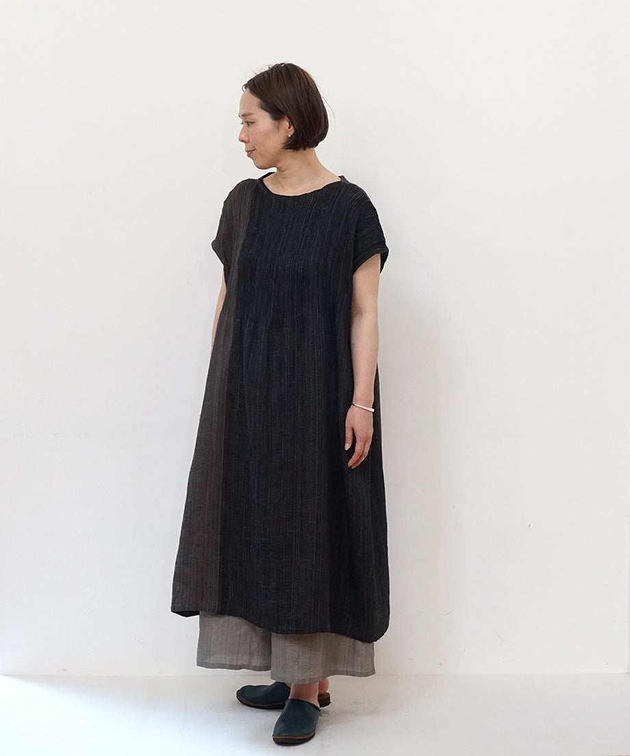 Koti series | Two-tone One piece, Linen & silk, Charcoal & Black, 6974lCBt