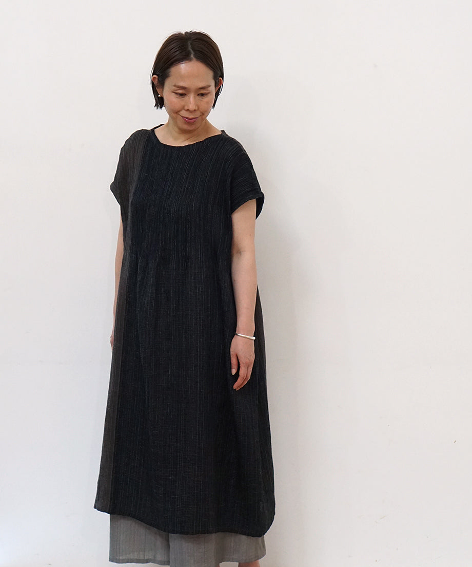 Koti series | Two-tone One piece, Linen & silk, Charcoal & Black, 6974lCBt